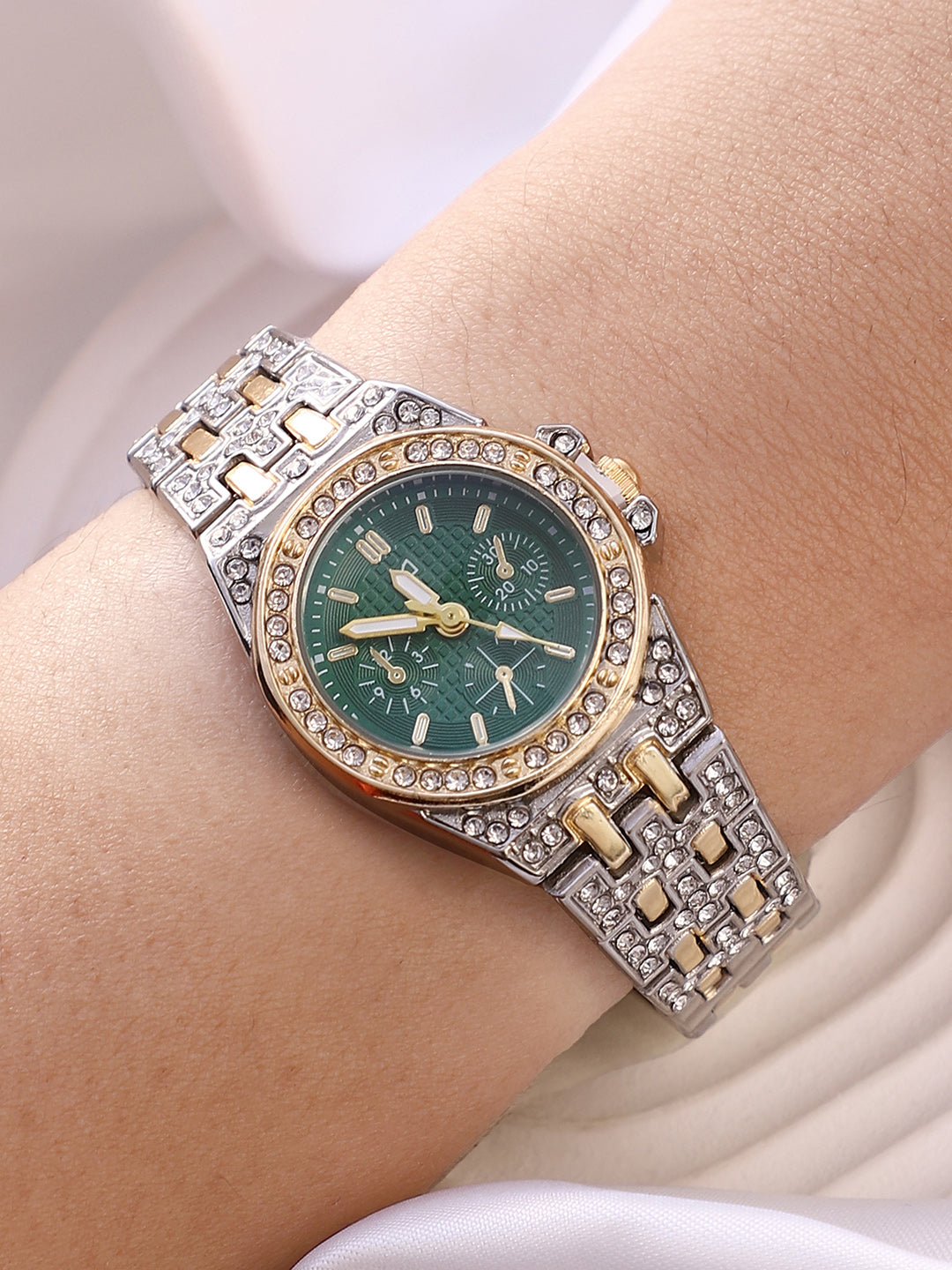 The Geneva H-Link Round Watch - Metallic Silver & Emerald Green