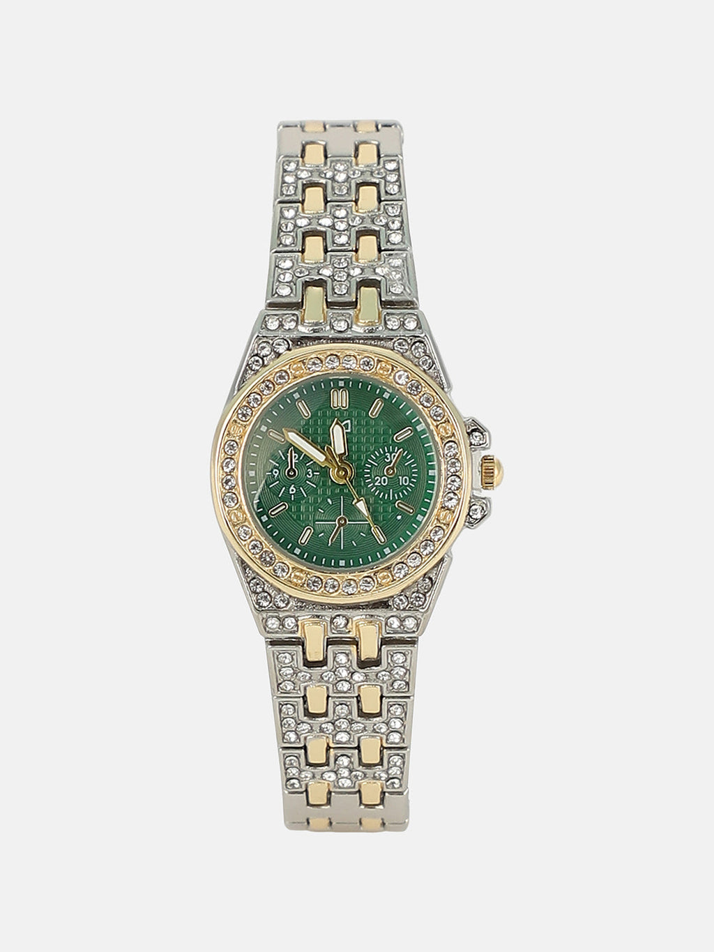 The Geneva H-Link Round Watch - Metallic Silver & Emerald Green