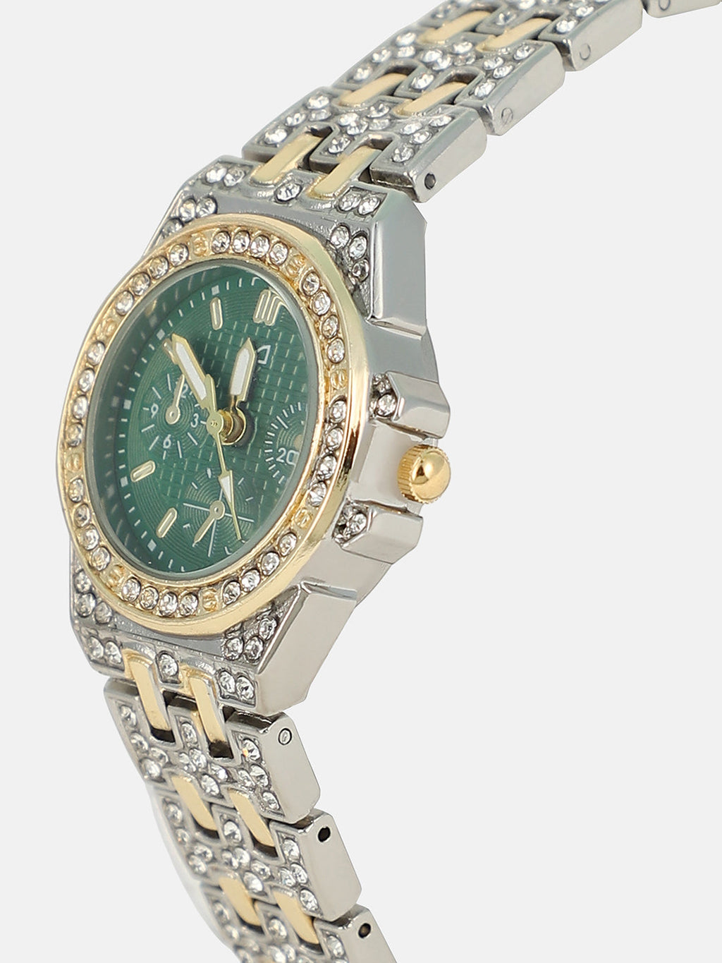 The Geneva H-Link Round Watch - Metallic Silver & Emerald Green