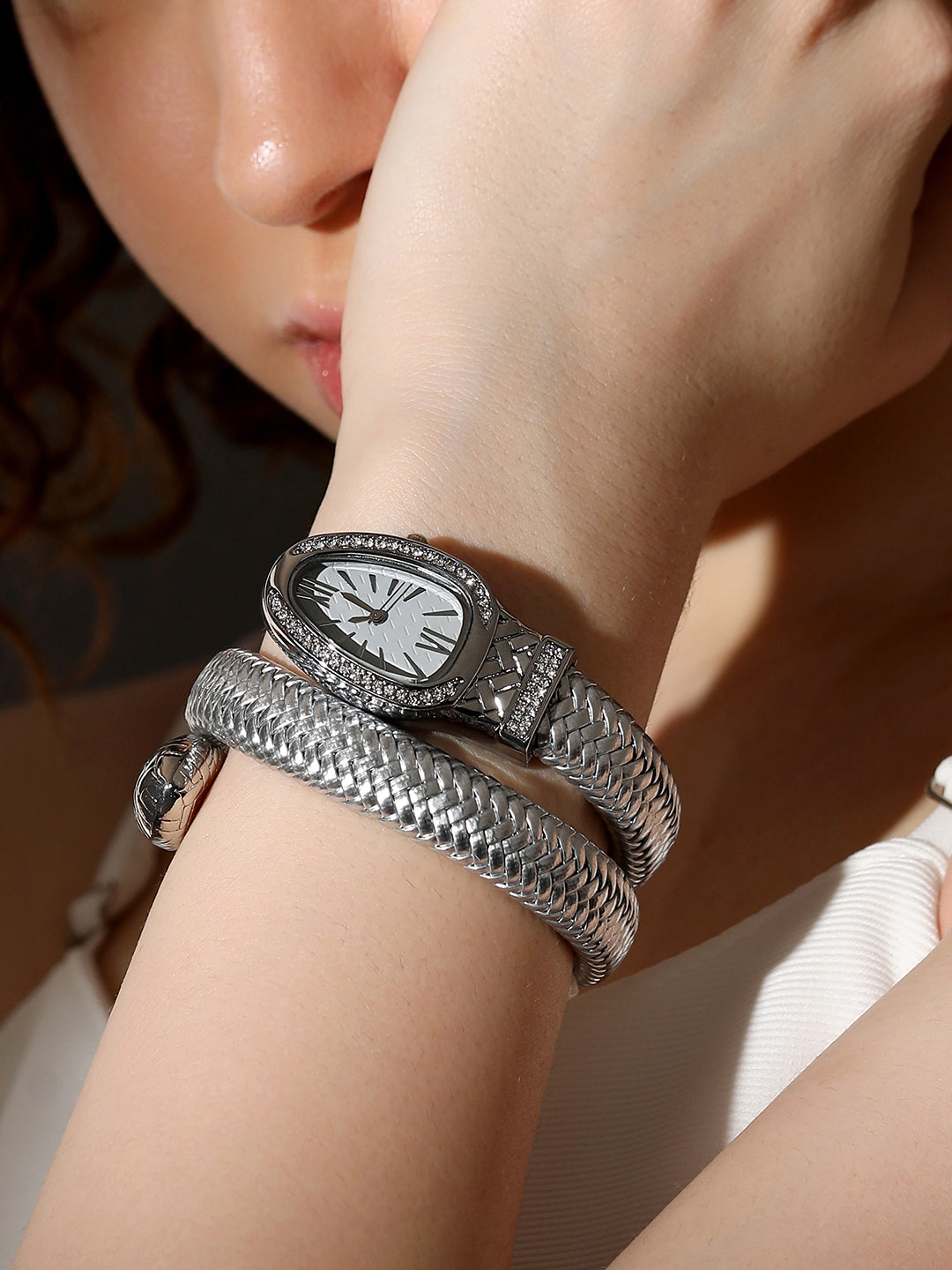 The Aurora Wrap Oval Watch -  Metallic Silver