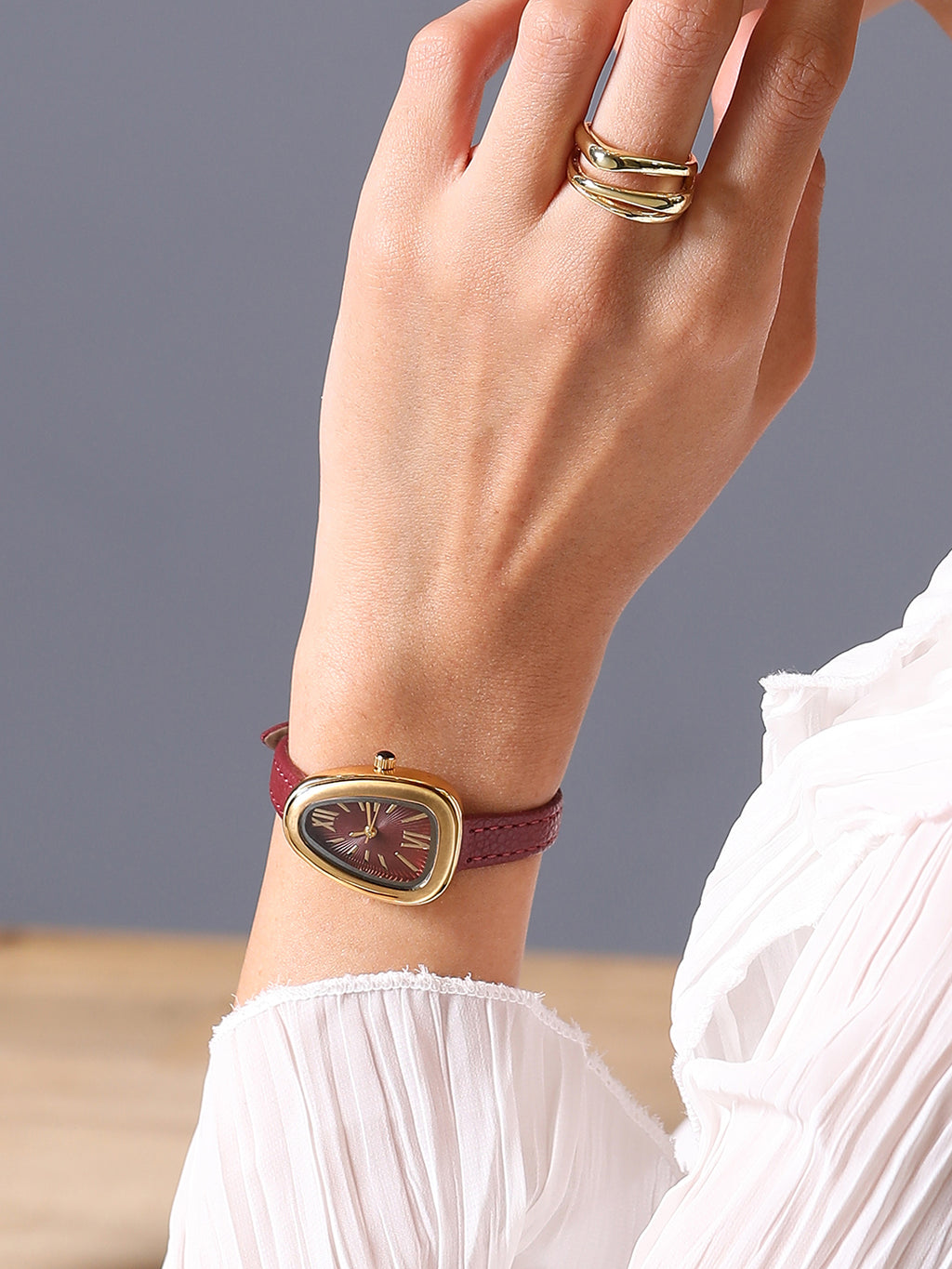 The Sunray Oval Watch - Burgundy Red
