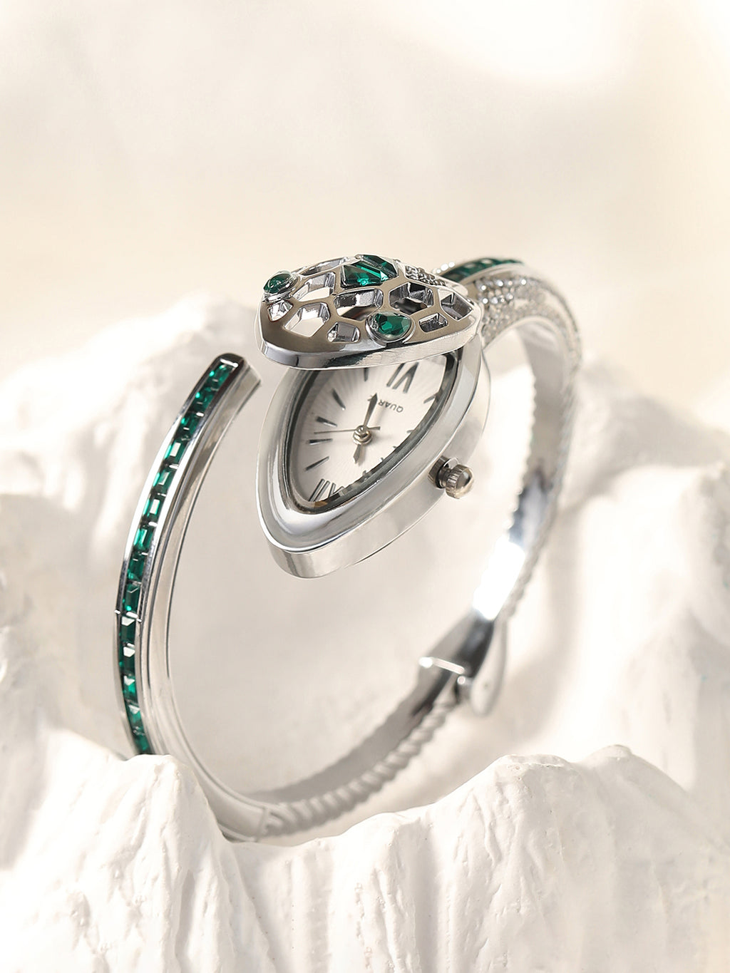 The Luxe Crystal Watch - Emerald Silver