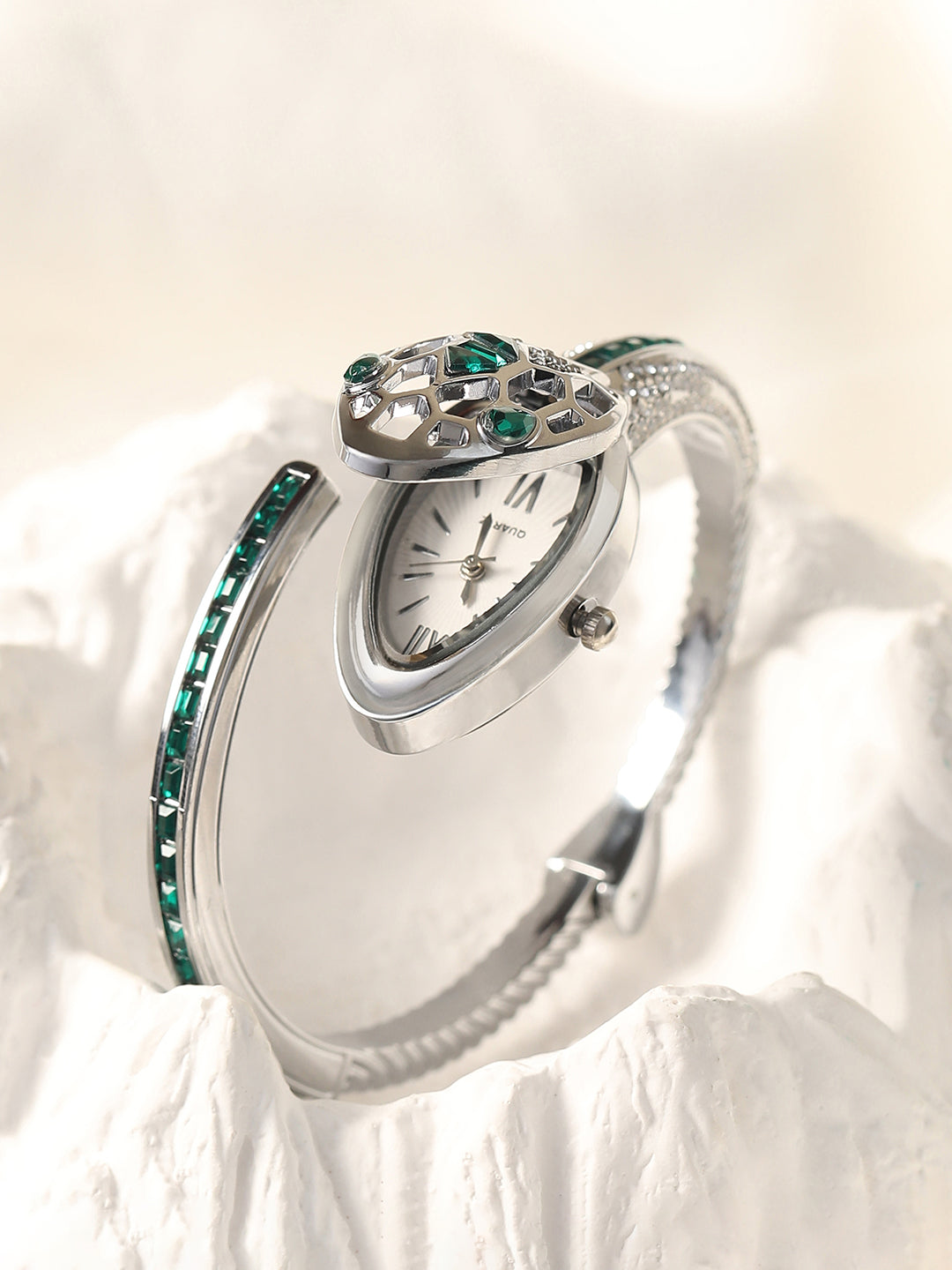 The Luxe Crystal Watch - Emerald Silver