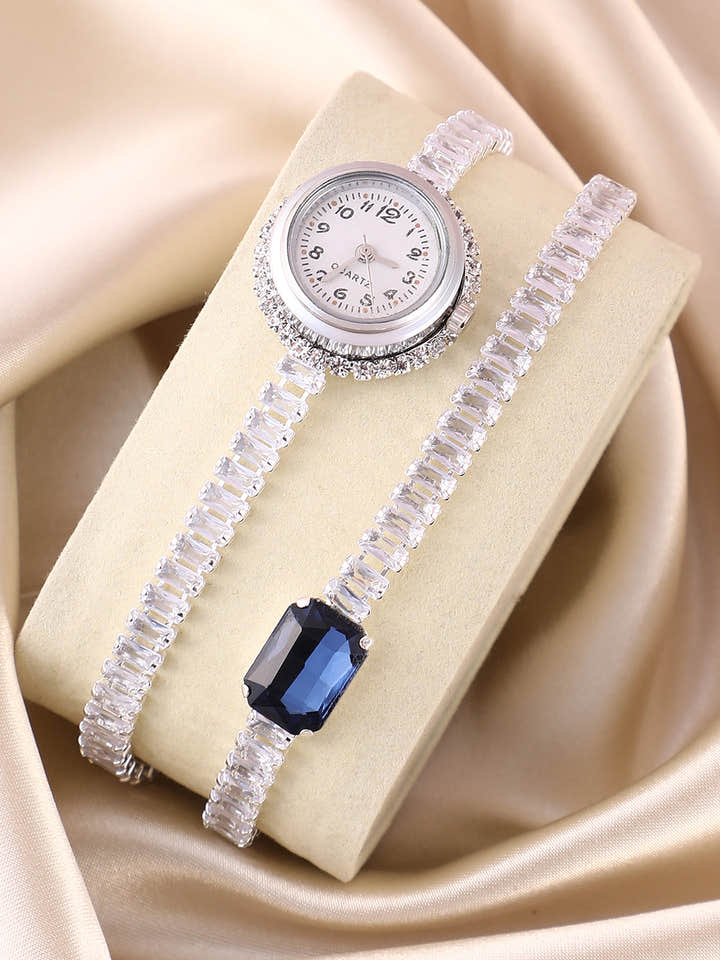 The Crystalized Wrap Round Watch - Metallic Silver (Sapphire Blue Stone)