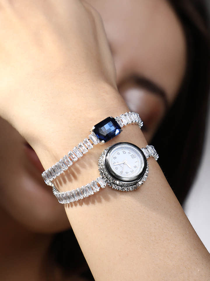 The Crystalized Wrap Round Watch - Metallic Silver (Sapphire Blue Stone)
