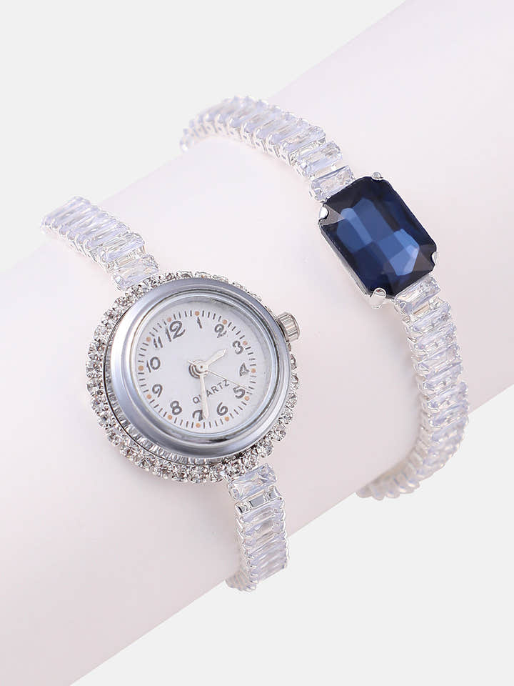 The Crystalized Wrap Round Watch - Metallic Silver (Sapphire Blue Stone)