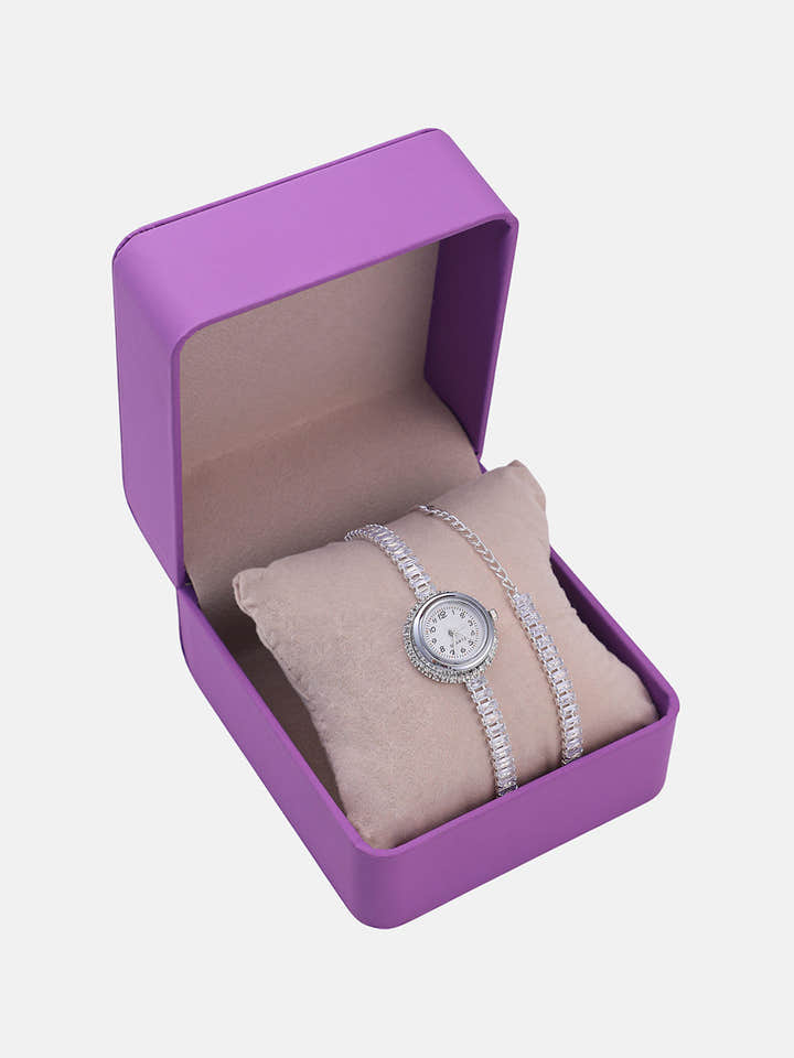 The Crystalized Wrap Round Watch - Metallic Silver (Sapphire Blue Stone)
