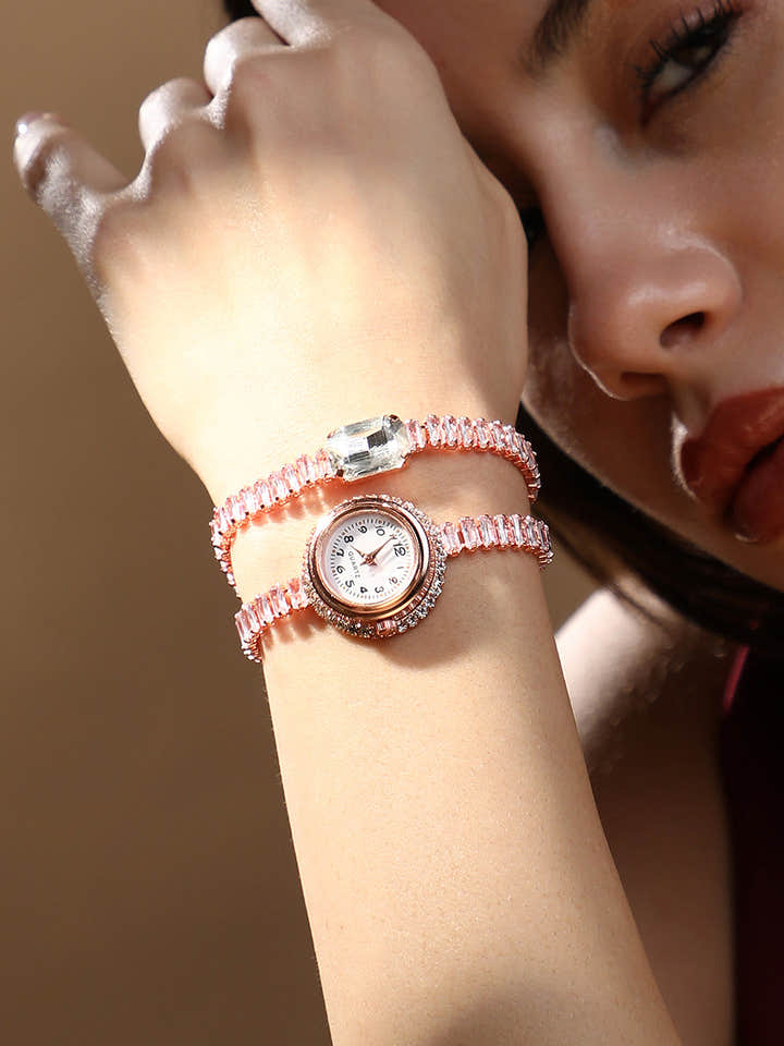 The Crystalized Wrap Round Watch - Rose Gold (Crystal Silver Stone)