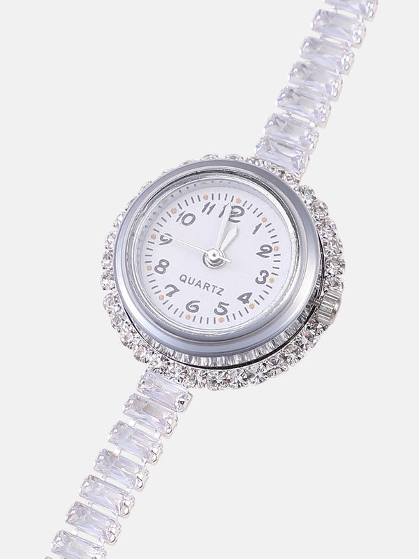 The Crystalized Wrap Round Watch - Metallic Silver (Emerald Green Stone)