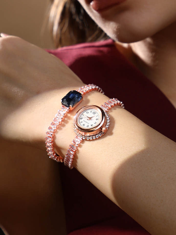 The Crystalized Wrap Round Watch - Rose Gold (Sapphire Blue Stone)