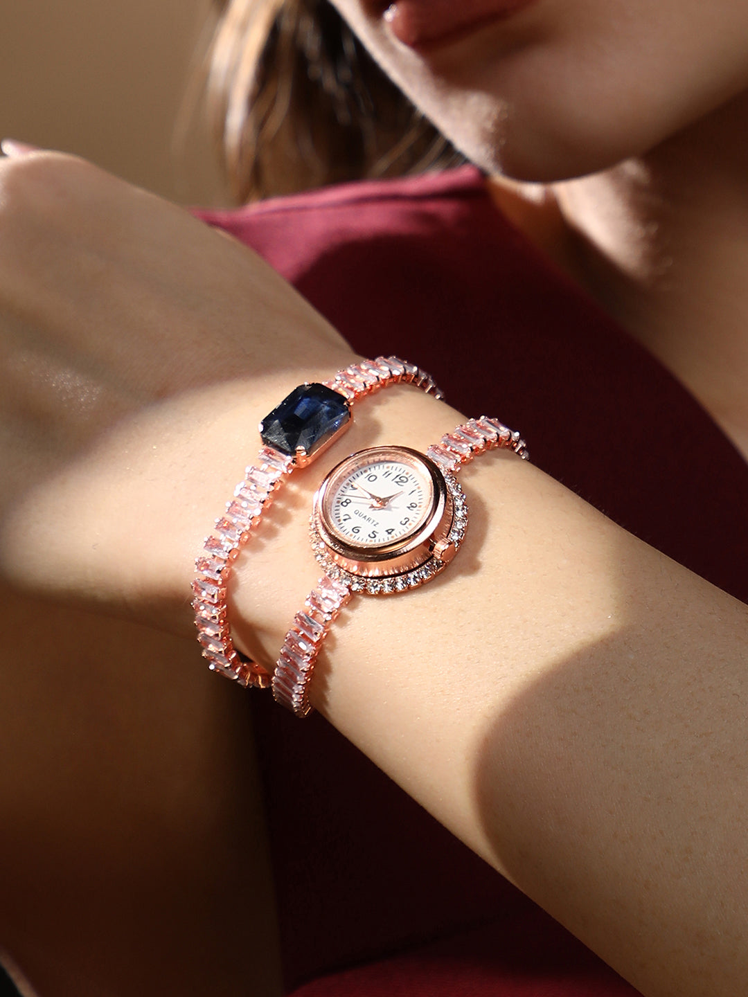 The Crystalized Wrap Round Watch - Rose Gold (Sapphire Blue Stone)