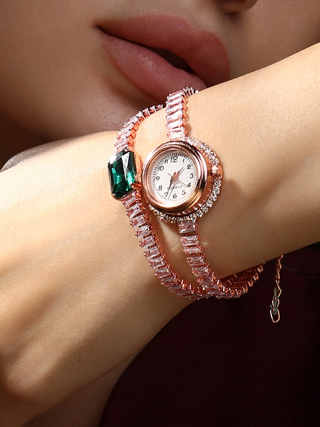 The Crystalized Wrap Round Watch - Rose Gold (Emerald Green Stone)