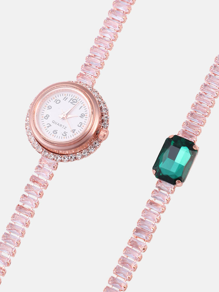 The Crystalized Wrap Round Watch - Rose Gold (Emerald Green Stone)