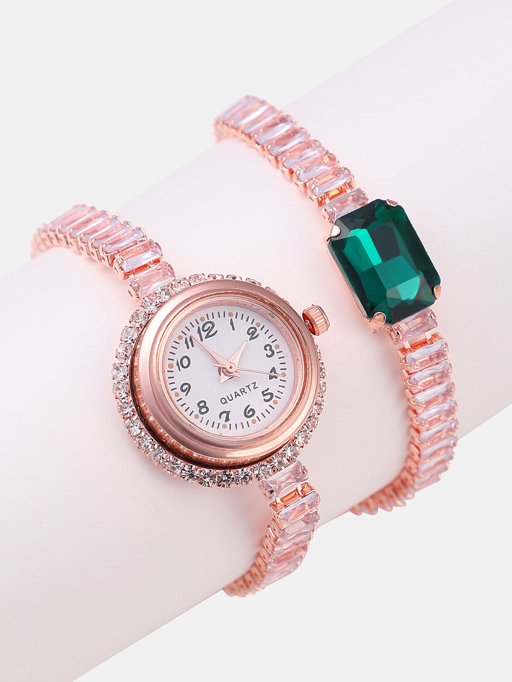 The Crystalized Wrap Round Watch - Rose Gold (Emerald Green Stone)
