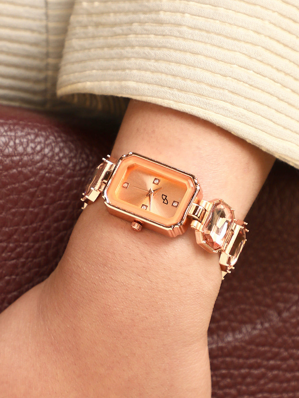 The Stone-Link Rectangle Watch - Rose Gold