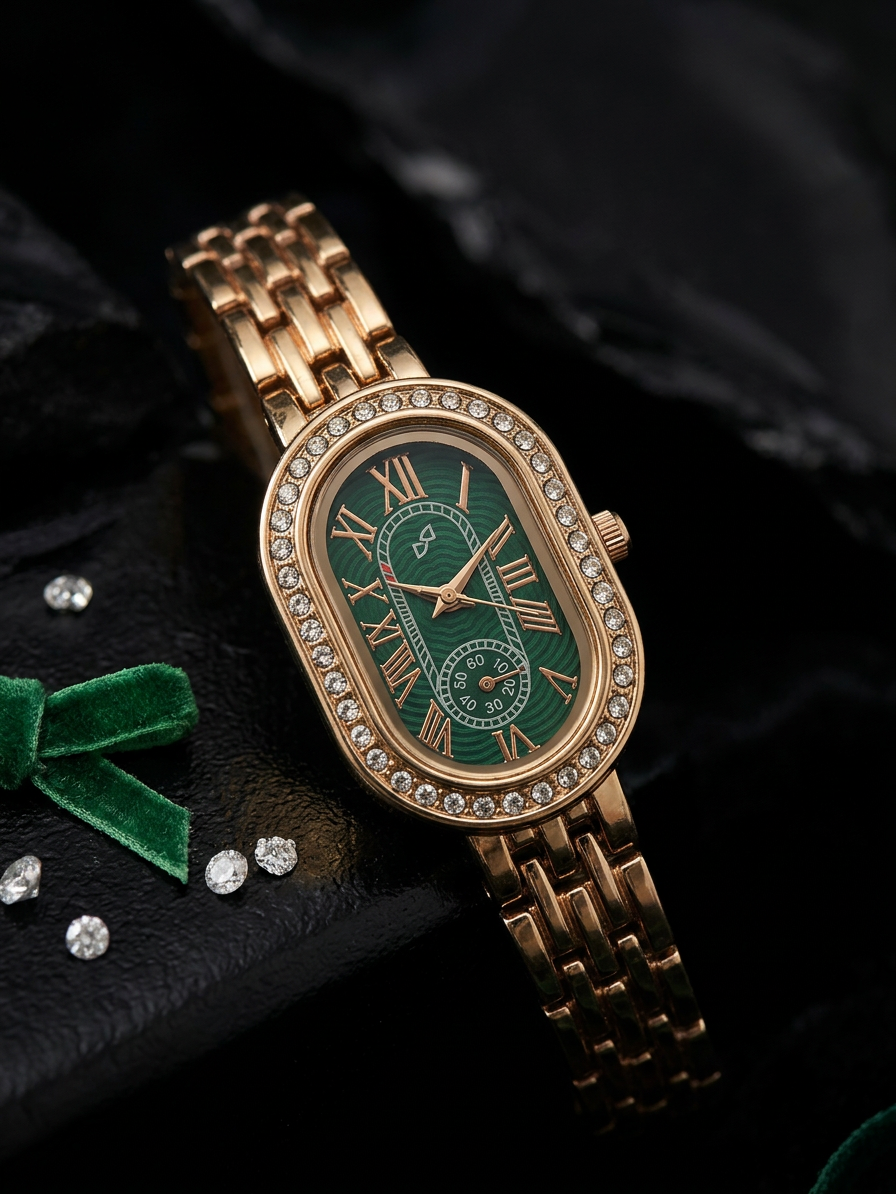 The Embellished Roman Oval Watch - Rose Gold with Green Dial