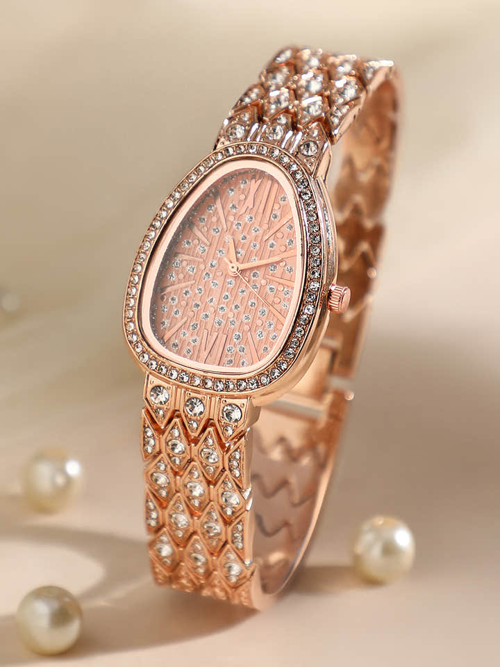 Haute Sauce HSWC1117 The Roman Ophidian Oval Watch for Women with Rose Gold Dial and Embellished Metal Strap