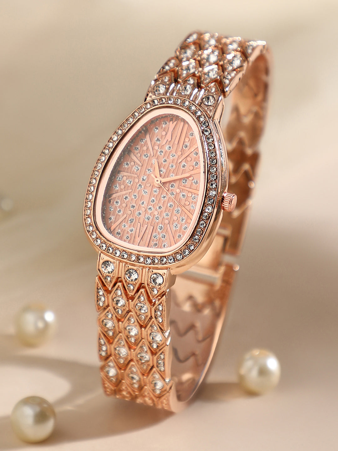 Haute Sauce HSWC1117 The Roman Ophidian Oval Watch for Women with Rose Gold Dial and Embellished Metal Strap