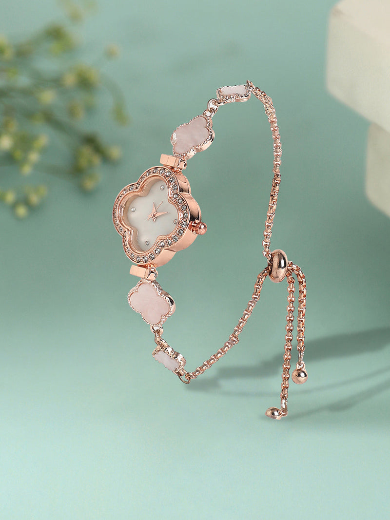 Haute Sauce HSWC1235 Clover Chain Watch for Women in Off-White with Clover-Shaped Dial