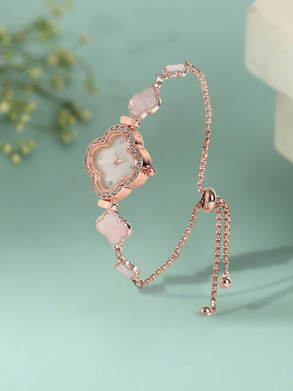 Haute Sauce HSWC1235 Clover Chain Watch for Women in Off-White with Clover-Shaped Dial