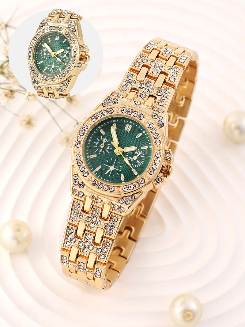 Haute Sauce HSWC1258 Geneva H-Link Round Watch for Women with Emerald Green Dial and California Gold Strap