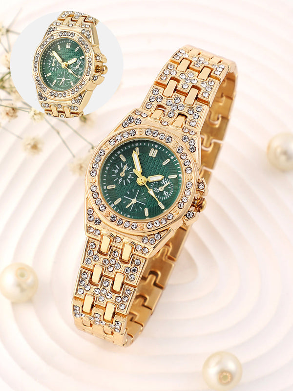 Haute Sauce HSWC1258 Geneva H-Link Round Watch for Women with Emerald Green Dial and California Gold Strap