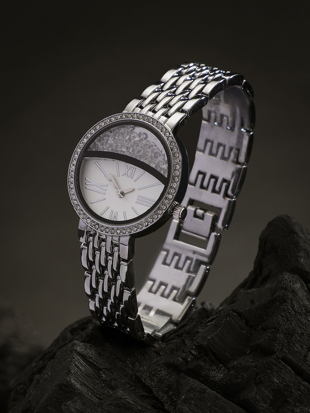Haute Sauce HSWC1400 Horizon Bijou Round Watch for Women with Metallic Silver Dial and Silver Strap.