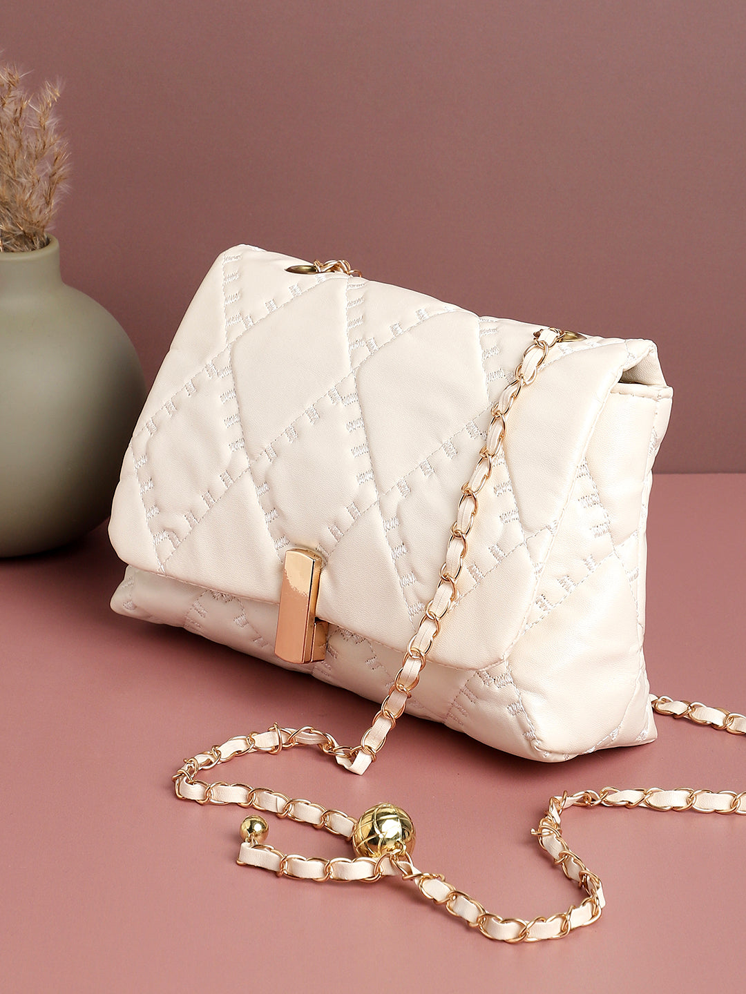 White Quilted Vegan Leather Sling Bag