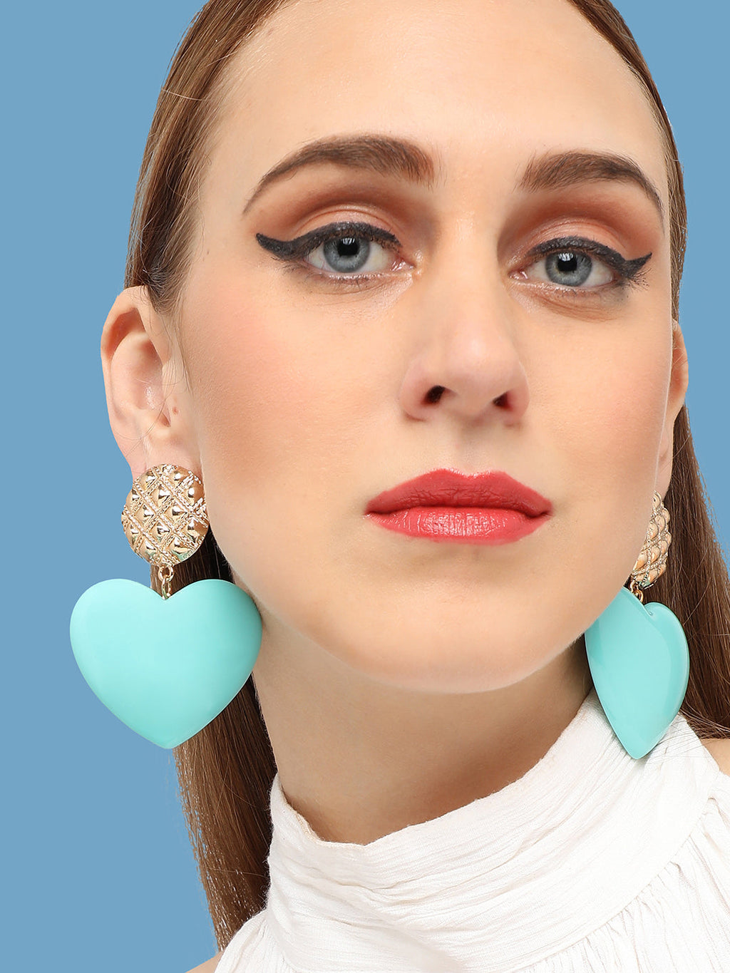 The Textured-Heart Drop Earrings - Sky Blue