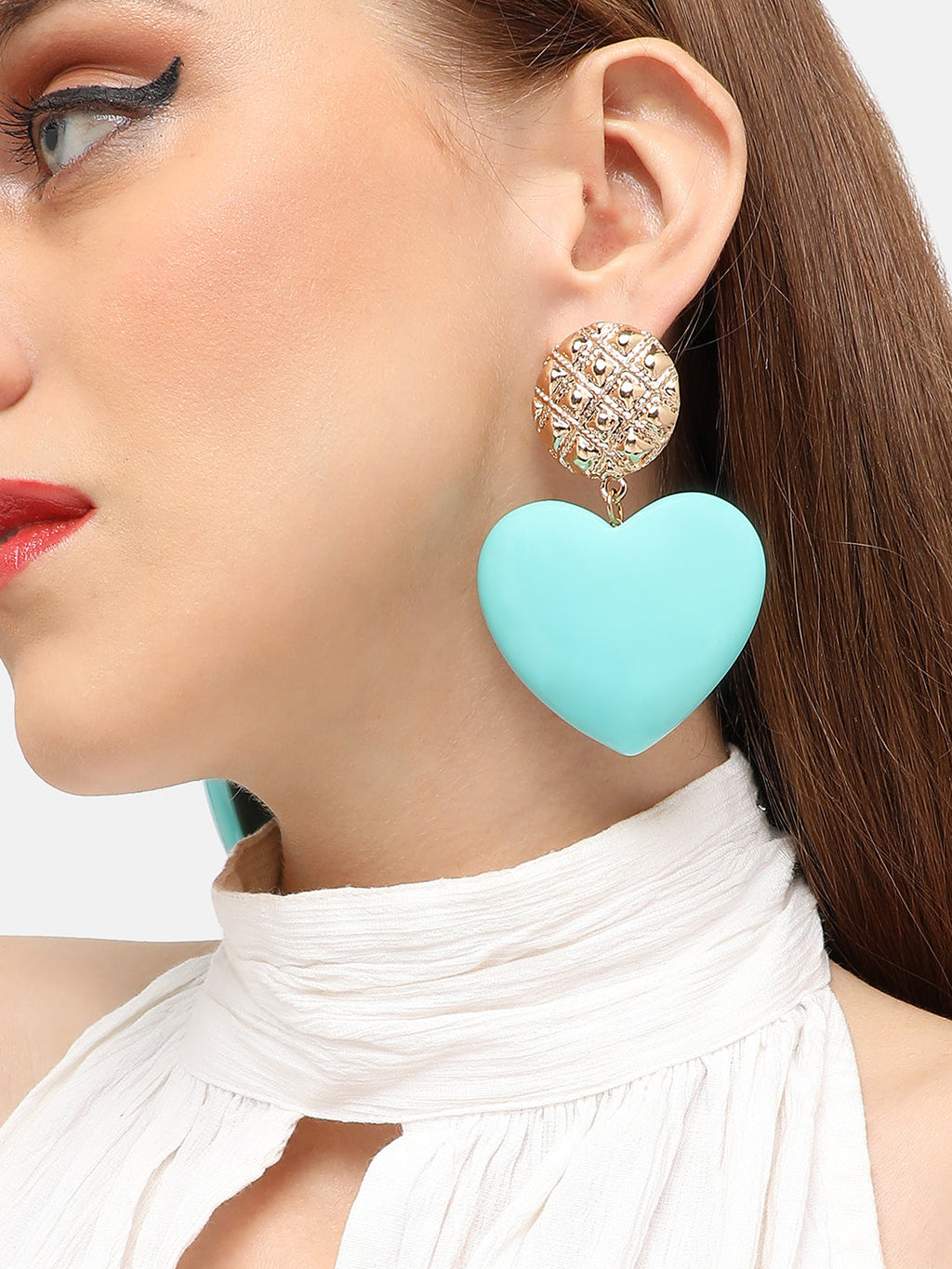 The Textured-Heart Drop Earrings - Sky Blue