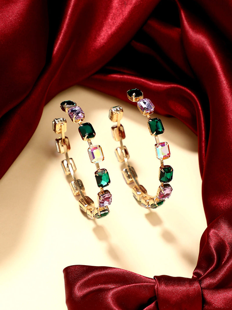Women's Cristal-Cluster Hoop Earrings - Emerald Green & Amethsyt Purple