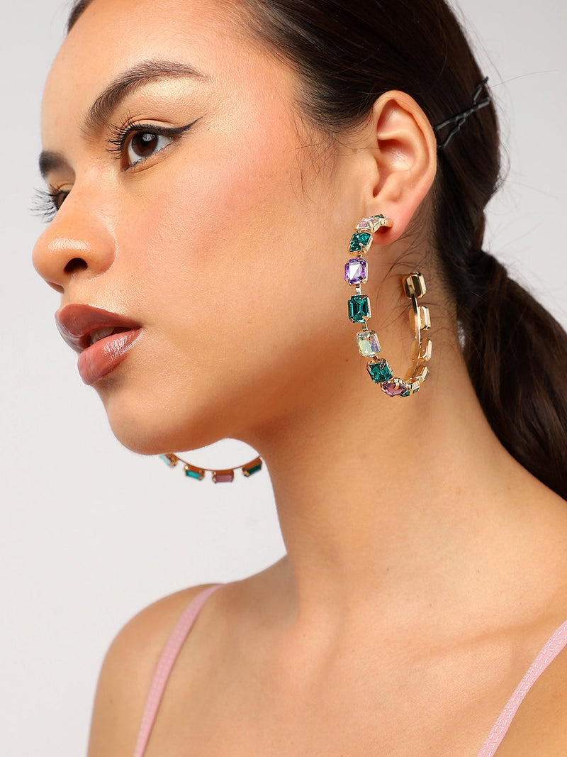 Women's Cristal-Cluster Hoop Earrings - Emerald Green & Amethsyt Purple