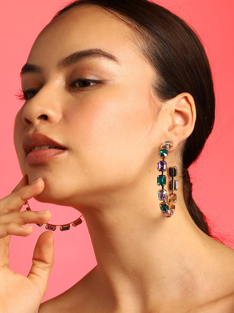Women's Cristal-Cluster Hoop Earrings - Emerald Green & Amethsyt Purple