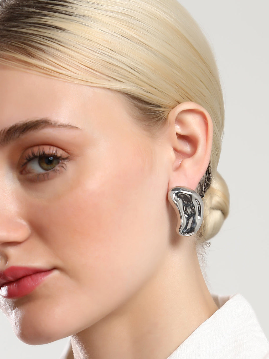 The Dented Bean Stud Earrings - Metallic Silver