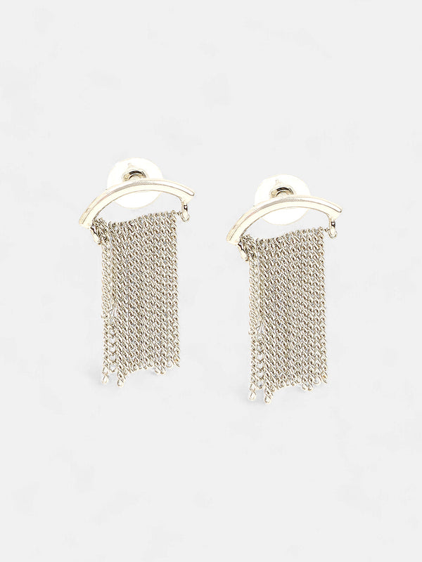 The Hanging Chain Bar Drop Earrings - Metallic Silver