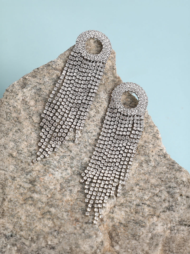The Circular-Bling Drop Earrings - Crystal Silver