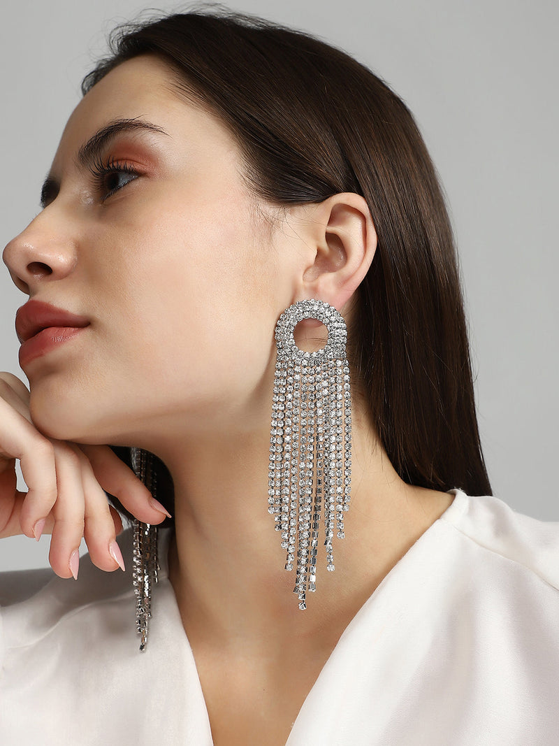The Circular-Bling Drop Earrings - Crystal Silver