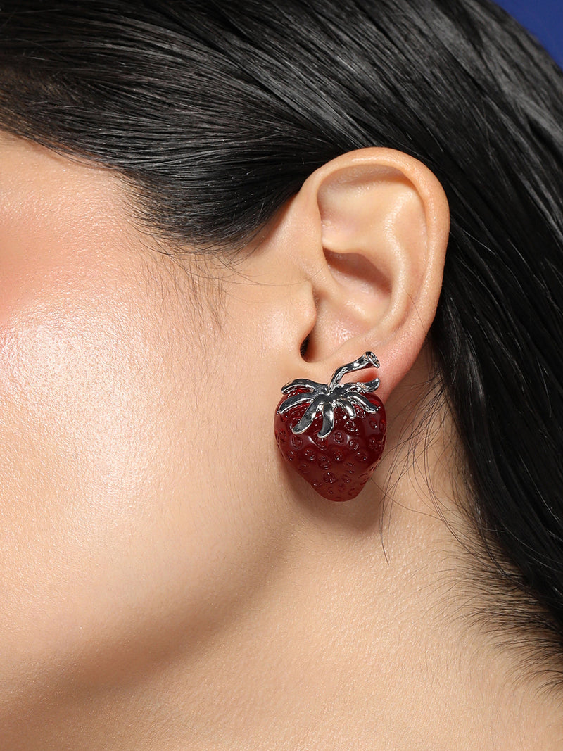 The Strawberry Stud Earrings - Berry Red & Metallic Silver