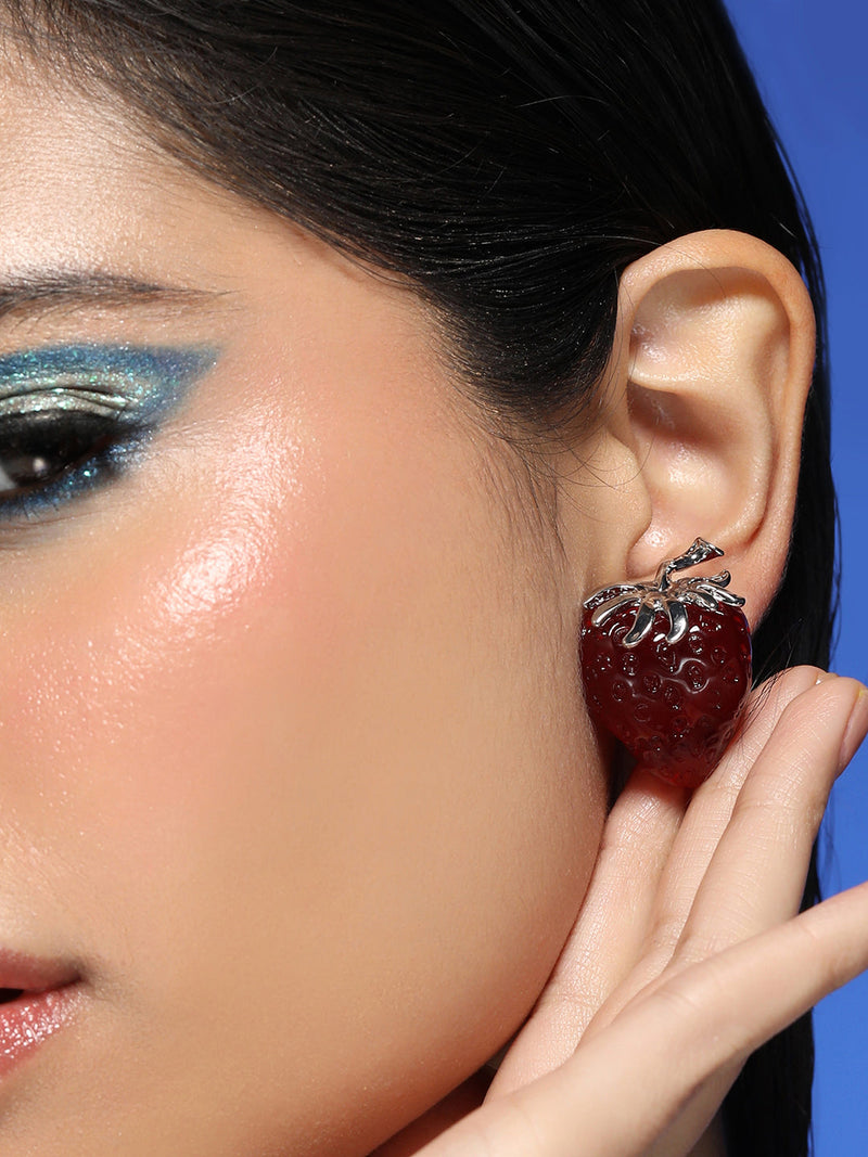 The Strawberry Stud Earrings - Berry Red & Metallic Silver