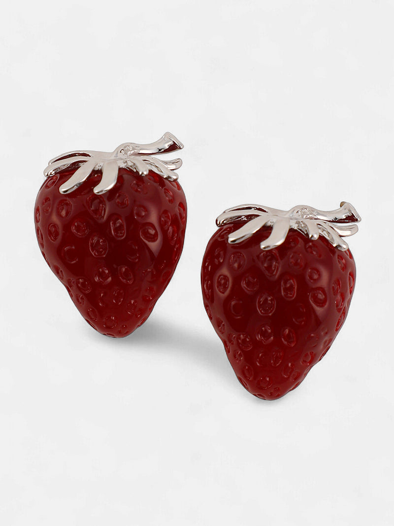 The Strawberry Stud Earrings - Berry Red & Metallic Silver