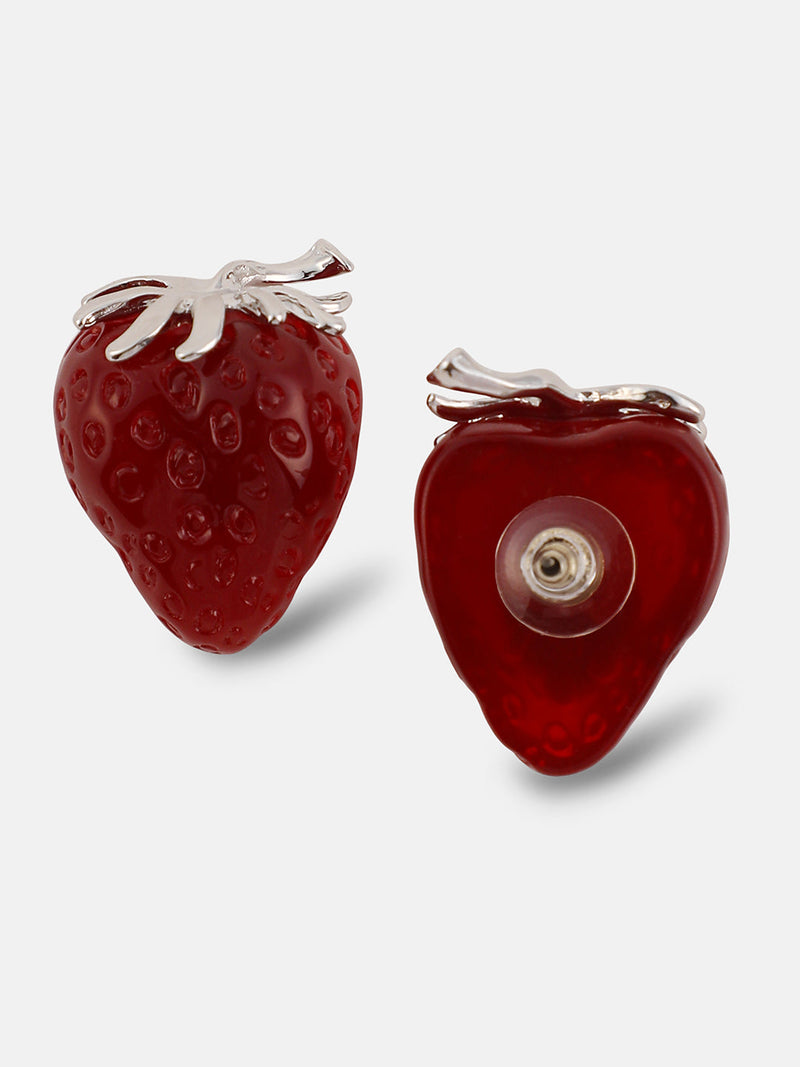 The Strawberry Stud Earrings - Berry Red & Metallic Silver