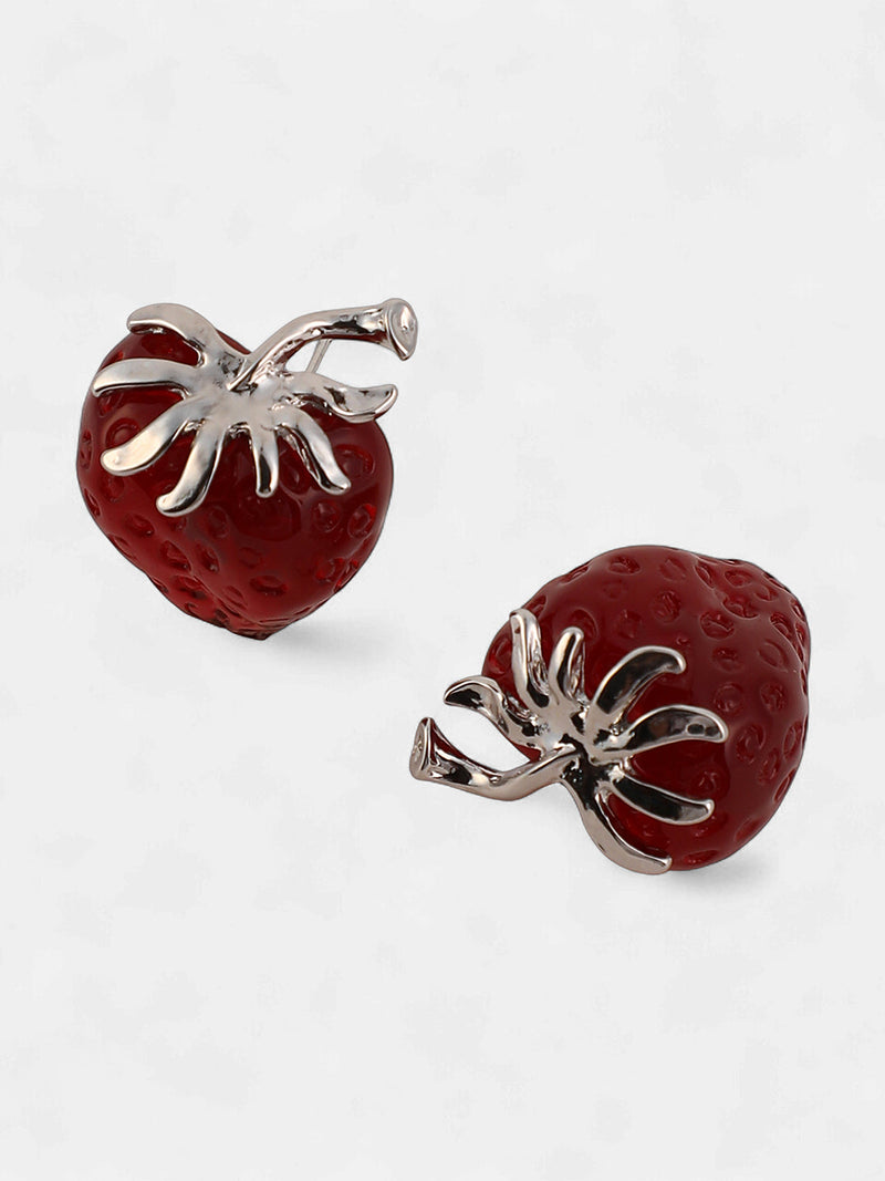 The Strawberry Stud Earrings - Berry Red & Metallic Silver