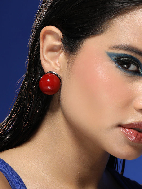 The Chunky-Jacqueline Stud Earrings - Cherry Red & Metallic Silver