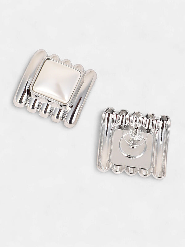 The Ribbed-Diane Stud Earrings - Chrome Silver