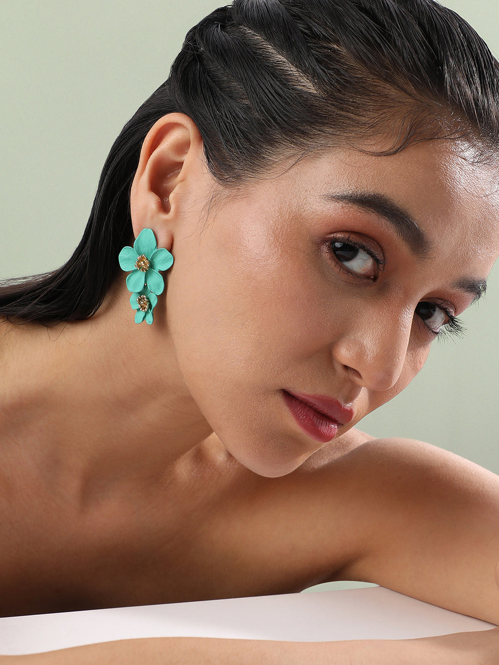 The Matte-Botanical Drop Earrings - Aqua Blue