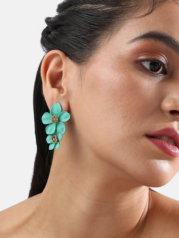 The Matte-Botanical Drop Earrings - Aqua Blue