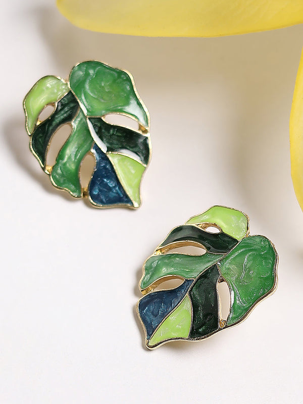 The Ombre-Enamel Leaf Stud Earrings - Forest Green