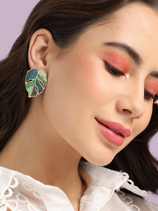 The Ombre-Enamel Leaf Stud Earrings - Forest Green
