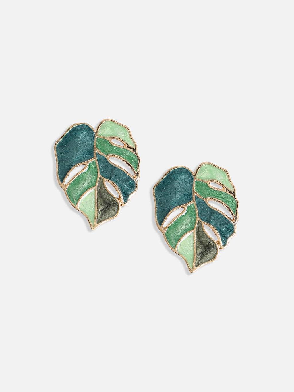 The Ombre-Enamel Leaf Stud Earrings - Forest Green
