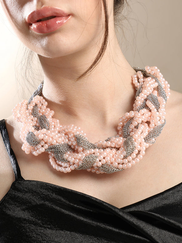 The Braided-Bead Statement Necklace - Baby Pink